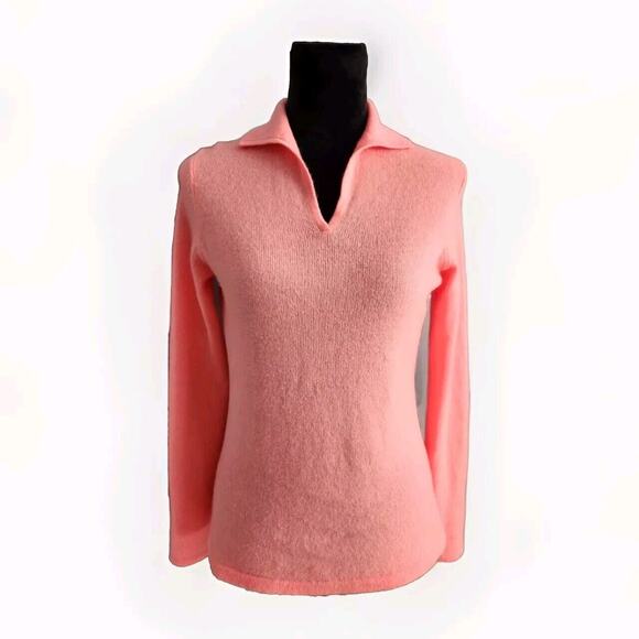 Peck & Peck Sweaters - Peck & Peck 100% cashmere Neon Coral V neck Collared Long Sleeve sweater Small